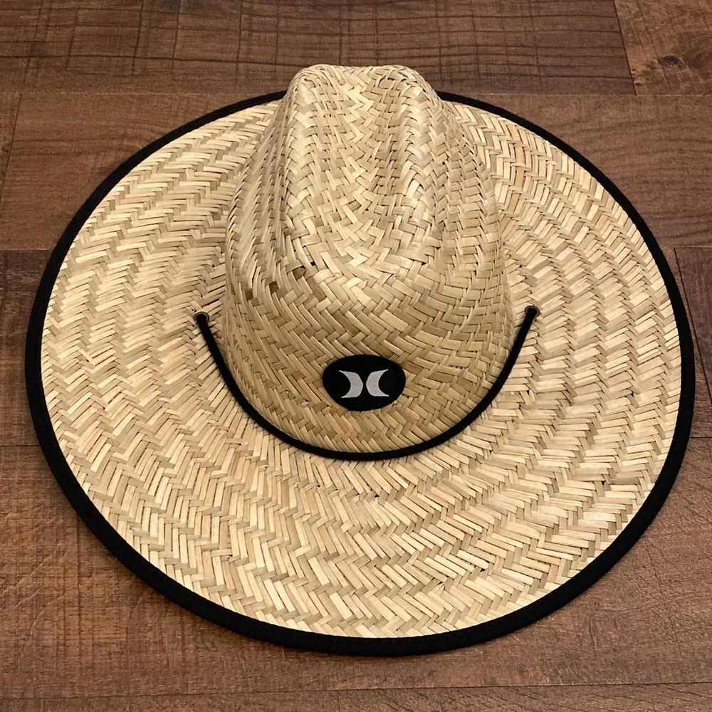 Hurley Straw Sun Hat Beach Bay Lifeguard Hat w/ Chin Strap Wide Brim EUC